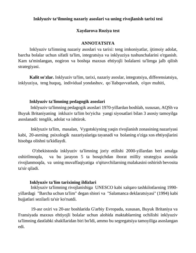Inklyuziv ta‘ilmning nazariy asoslari va uning rivojlanish tarixi tesi 1