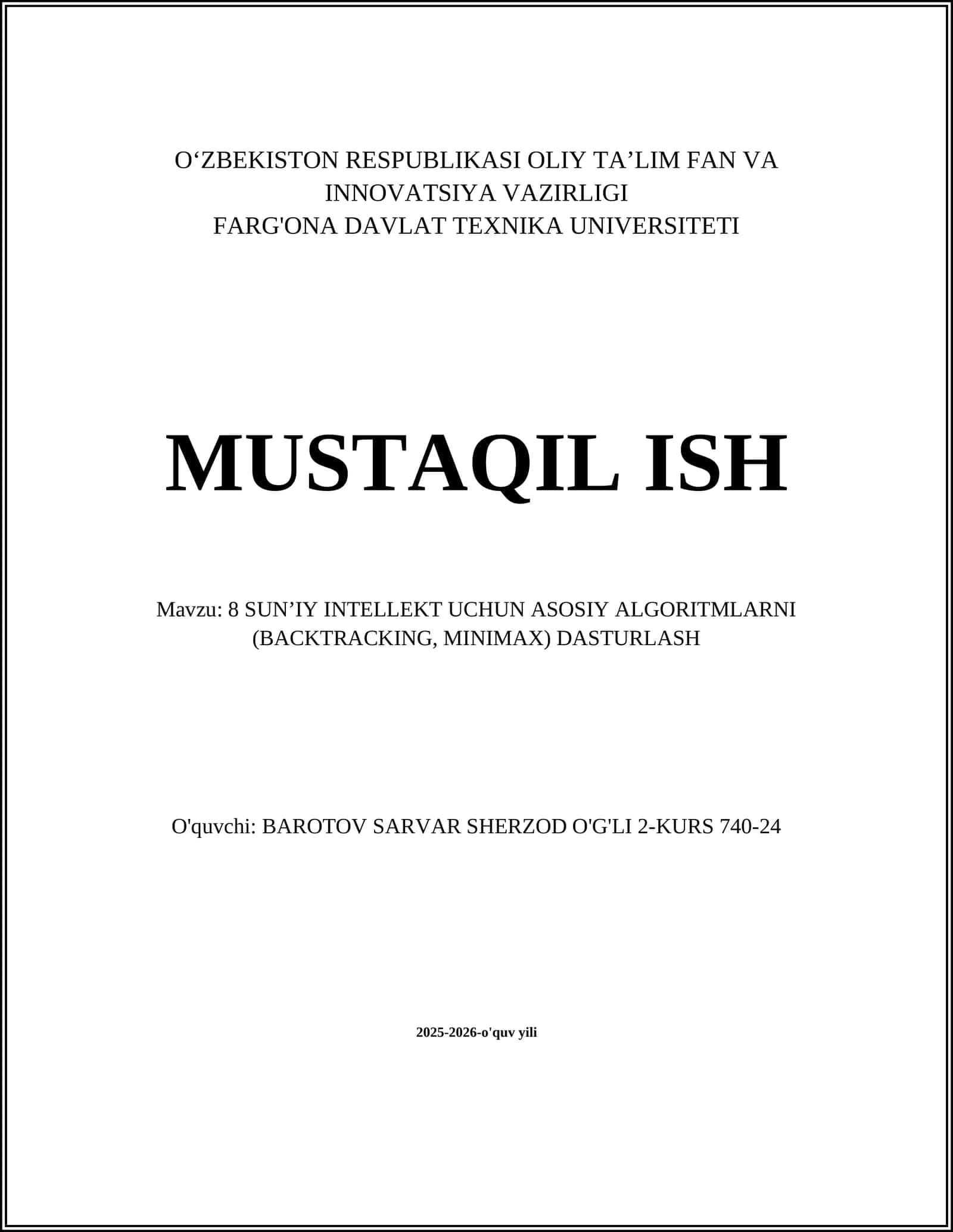 8 SUN’IY INTELLEKT UCHUN ASOSIY ALGORITMLARNI (BACKTRACKING, MINIMAX) DASTURLASH 1