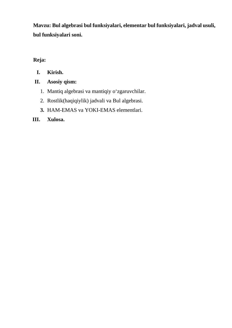 Mantiq algebrasi va mantiqiy o‘zgaruvchilar 1