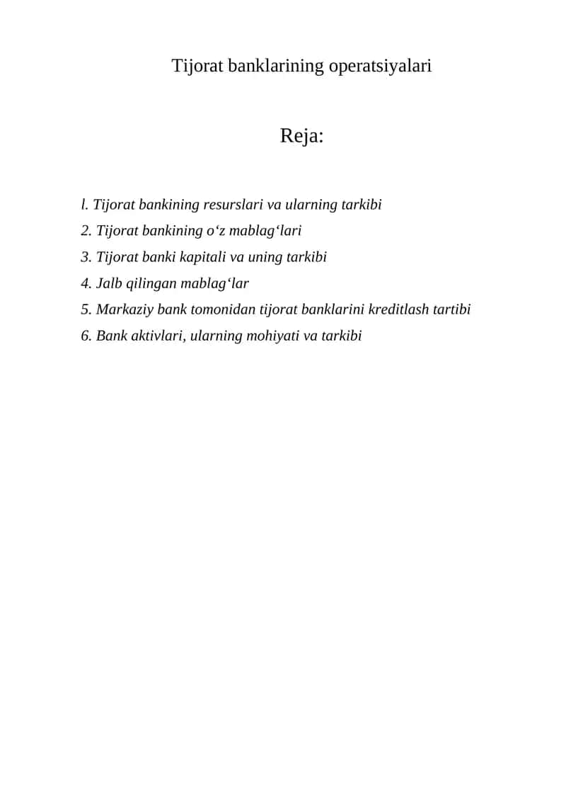 Tijorat banklarining operatsiyalari 1