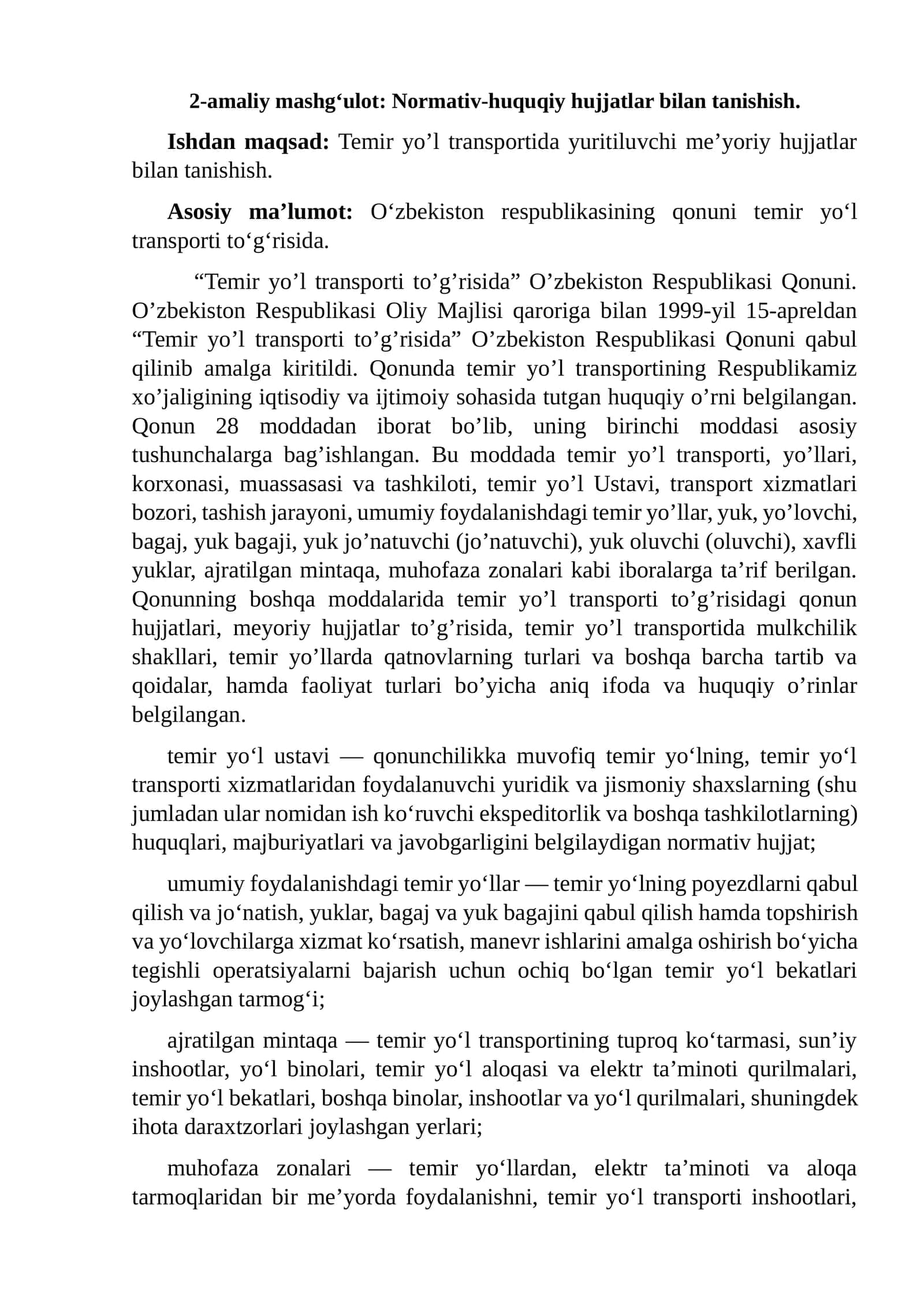 Normativ-huquqiy hujjatlar bilan temir yo'li transporti to'g'risida tanishish. O‘zbekiston respublik 1
