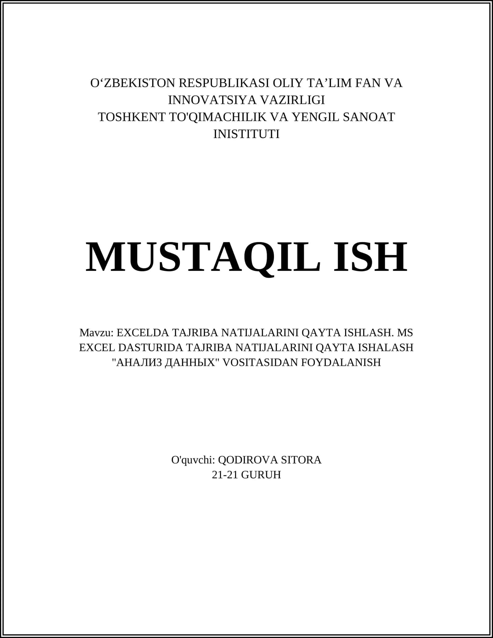 EXCELDA TAJRIBA NATIJALARINI QAYTA ISHLASH 1