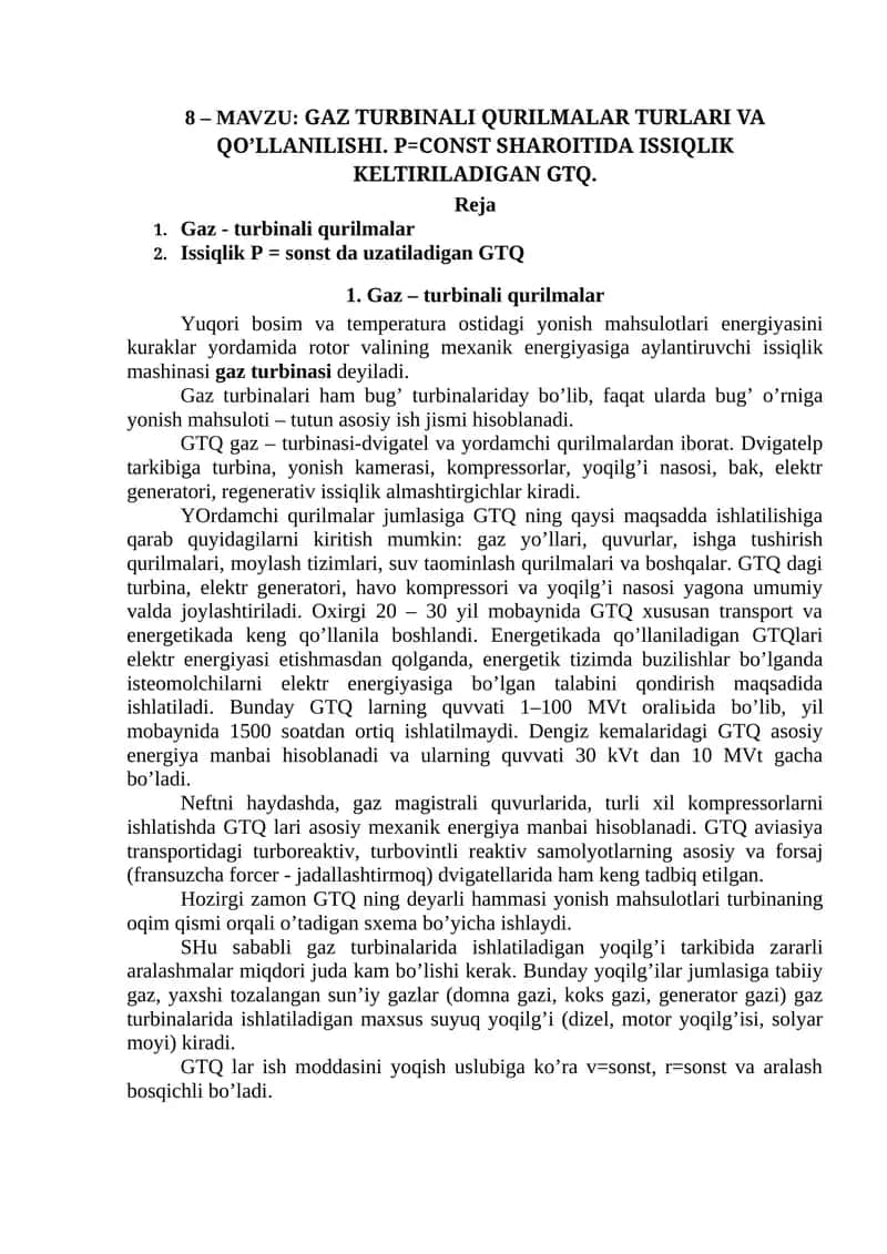 Gaz turbinali qurilmalar turlari va qo’llanilishi 1