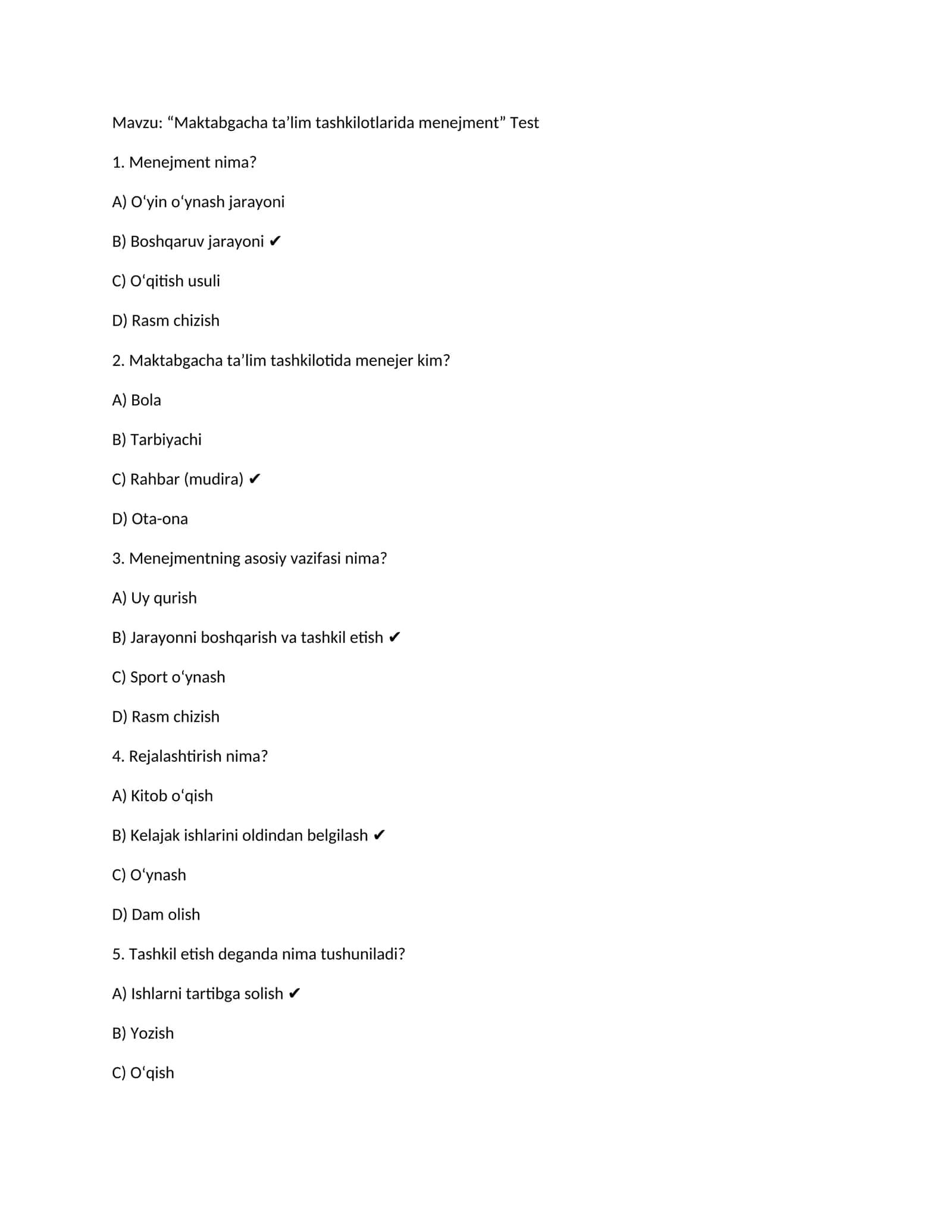 “Maktabgacha ta’lim tashkilotlarida menejment” Test 1