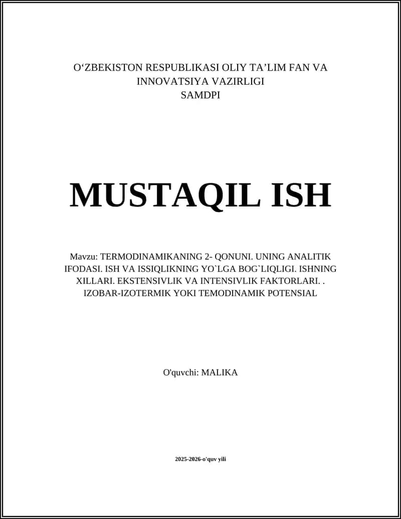 TЕRMОDINАMIKАNING 2- QONUNI. UNING АNАLITIK IFОDАSI 1