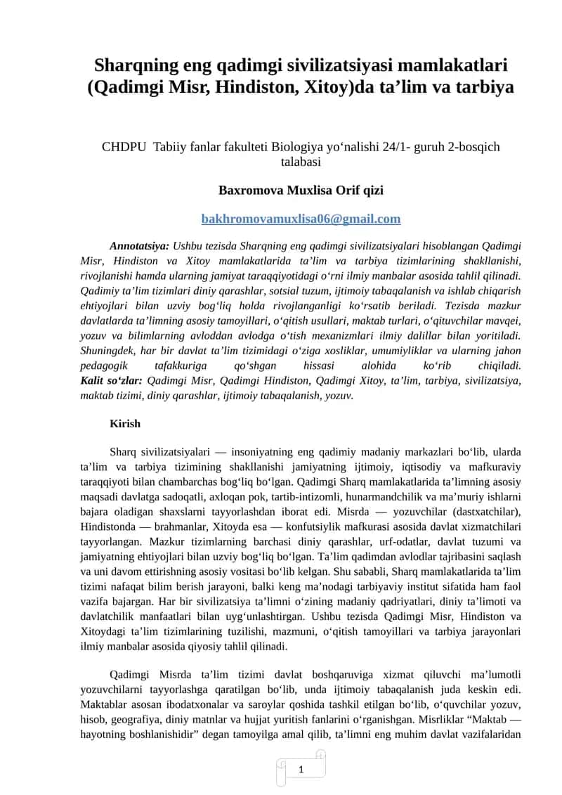 Sharqning eng qadimgi sivilizatsiyasi mamlakatlari (Qadimgi Misr, Hindiston, Xitoy)da taʼlim va tarbiya 1