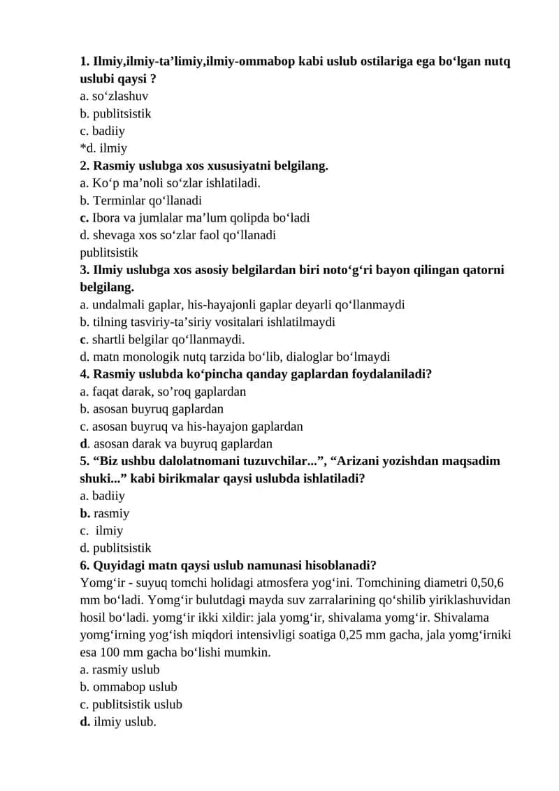 Akademik yozuv fanidan "NUTQ USLUBLARI. ANNOTATSIYA. ANNOTATSIYA TURLARI. ANNOTATSIYA UCHUN LEKSIK VA GRAMMATIK KLISHELAR" mavzusida test savollari (javoblari bilan) 1