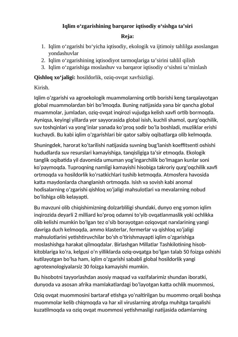 Iqlim o‘zgarishining barqaror iqtisodiy o‘sishga ta’sirisiri 1