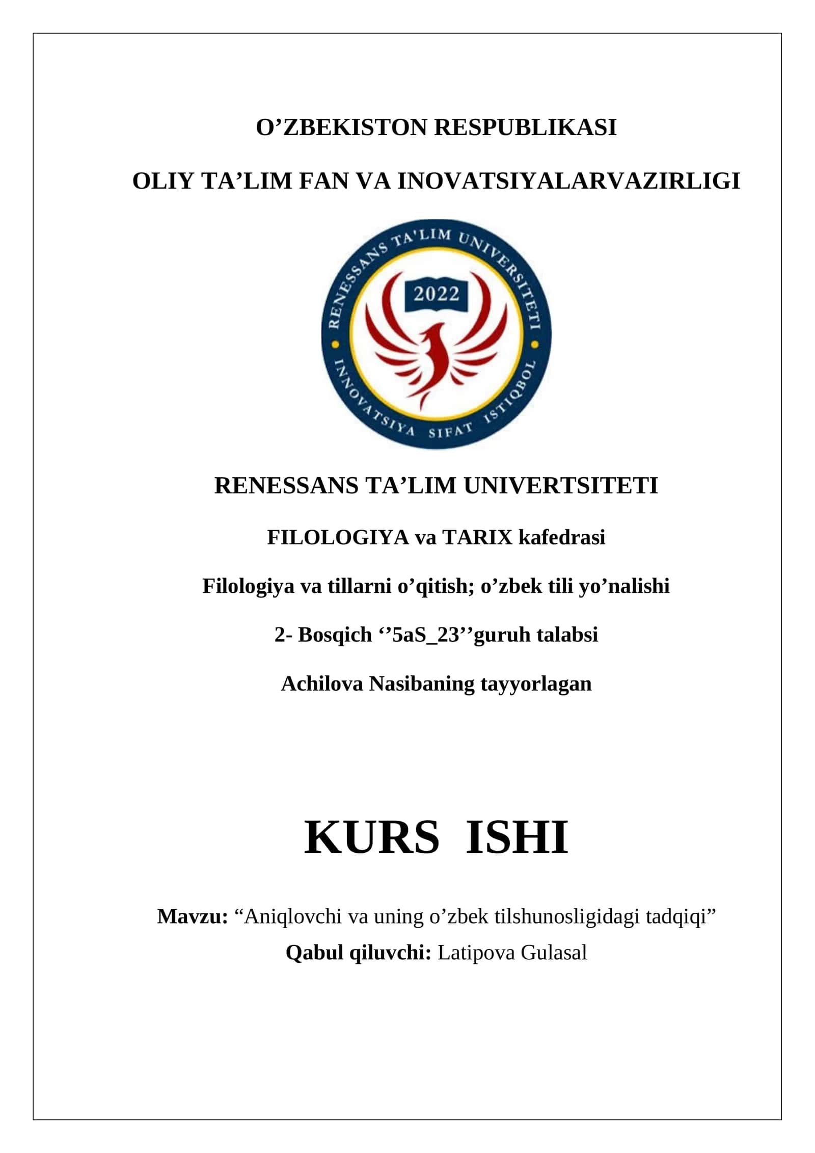Aniqlovchi va uning o'zbek tilshunosligidagi tadqiqi 1