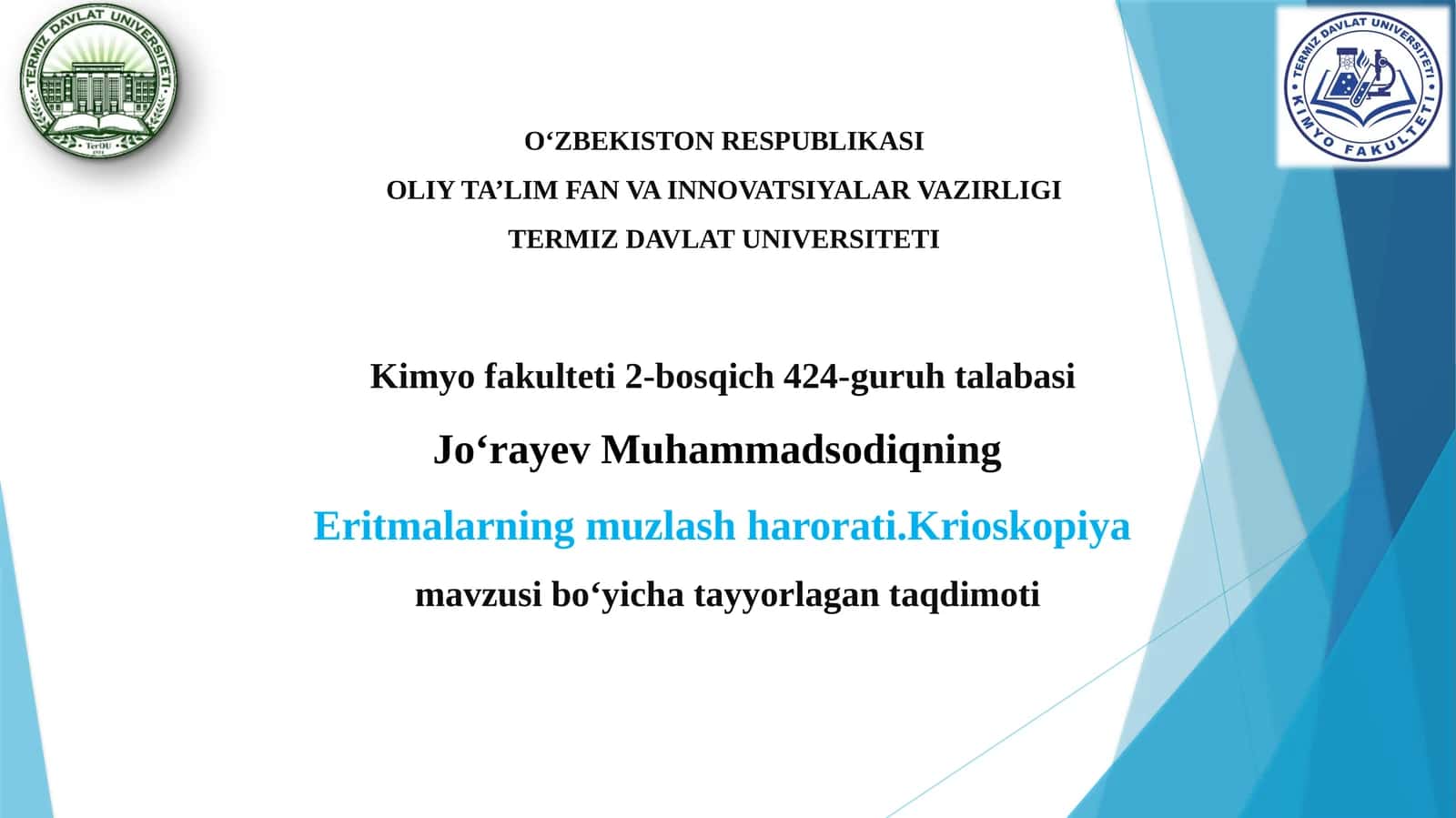 Muzlash harorati. Krioskopiya mavzusi 1