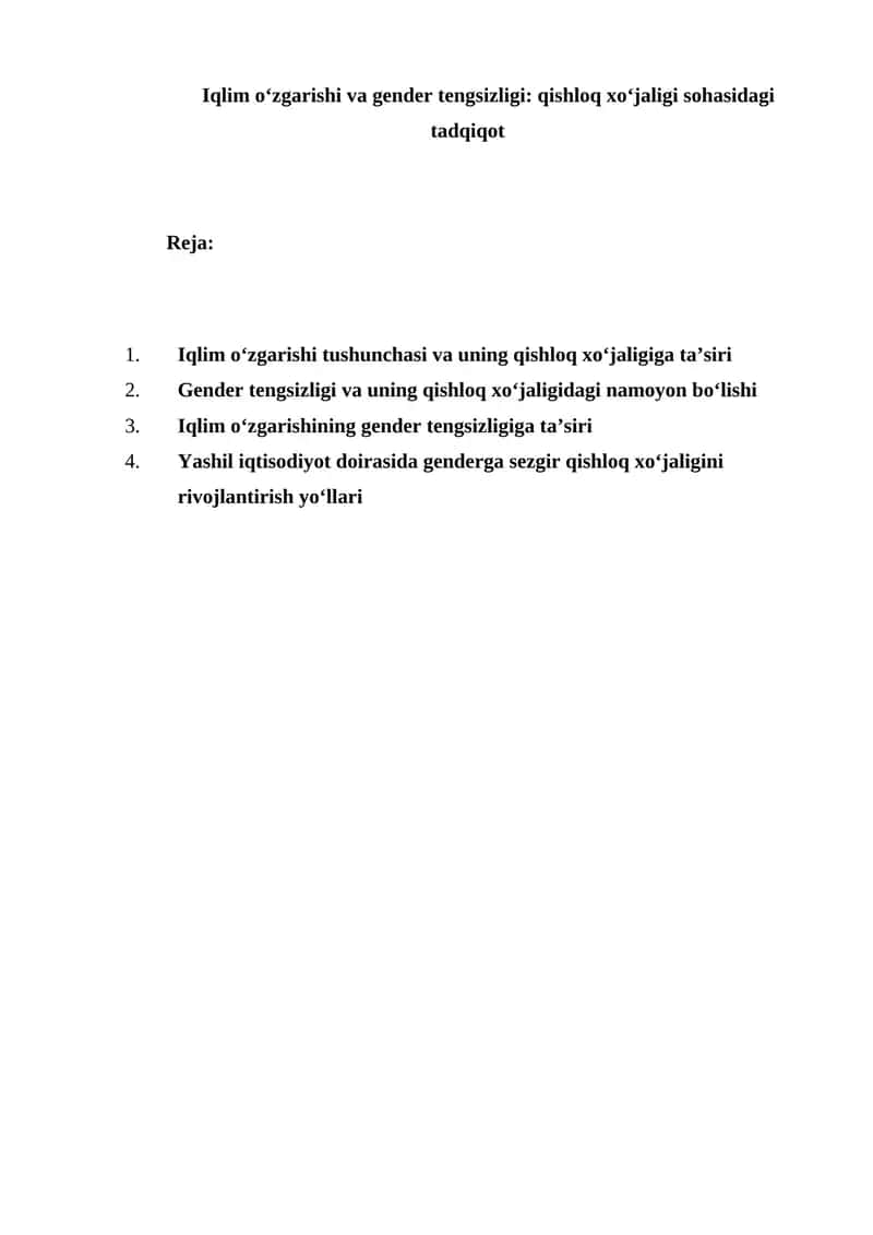 Iqlim o‘zgarishi va gender tengsizligi qishloq xo‘jaligi sohasidagi tadqiqot 1