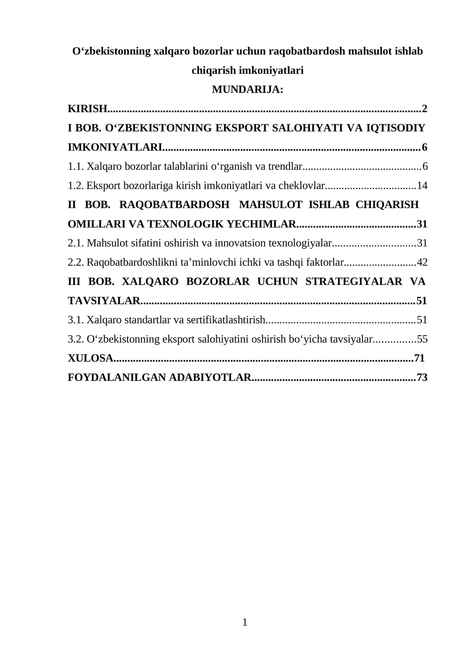O‘zbekistonning xalqaro bozorlar uchun raqobatbardosh mahsulot ishlab chiqarish imkoniyatlari 1