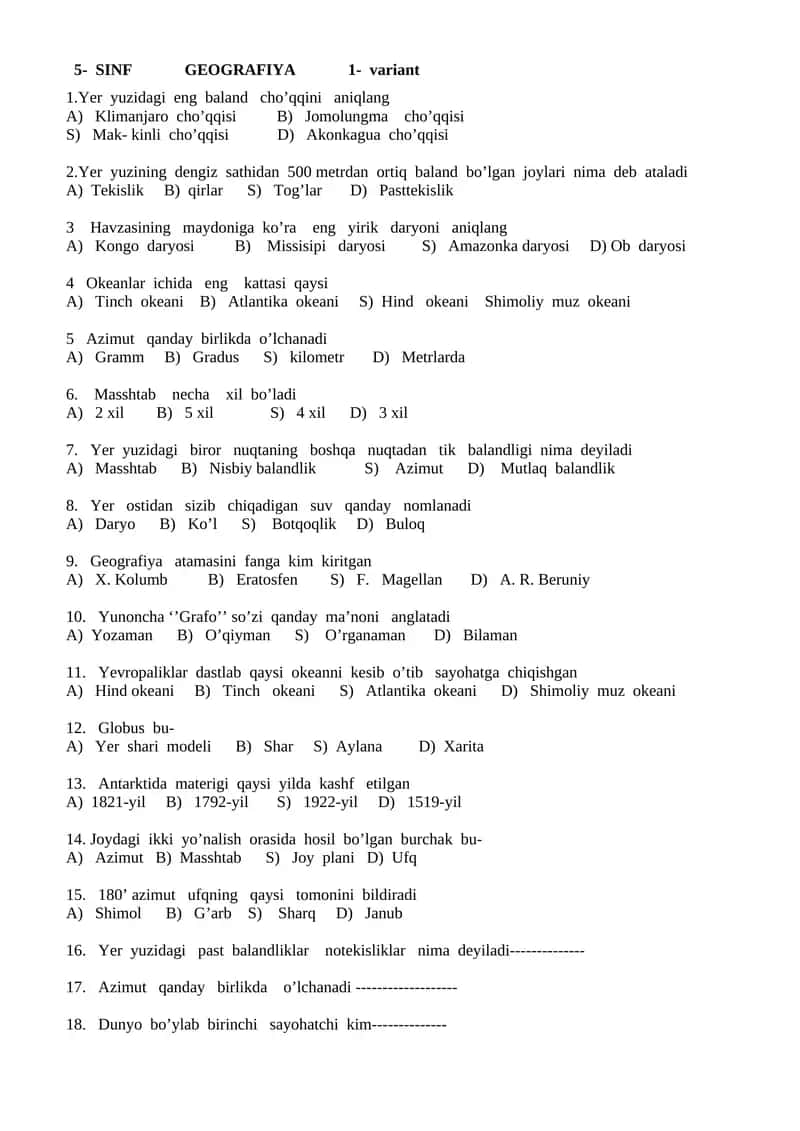 5- SINF GEOGRAFIYA 1- variant 1