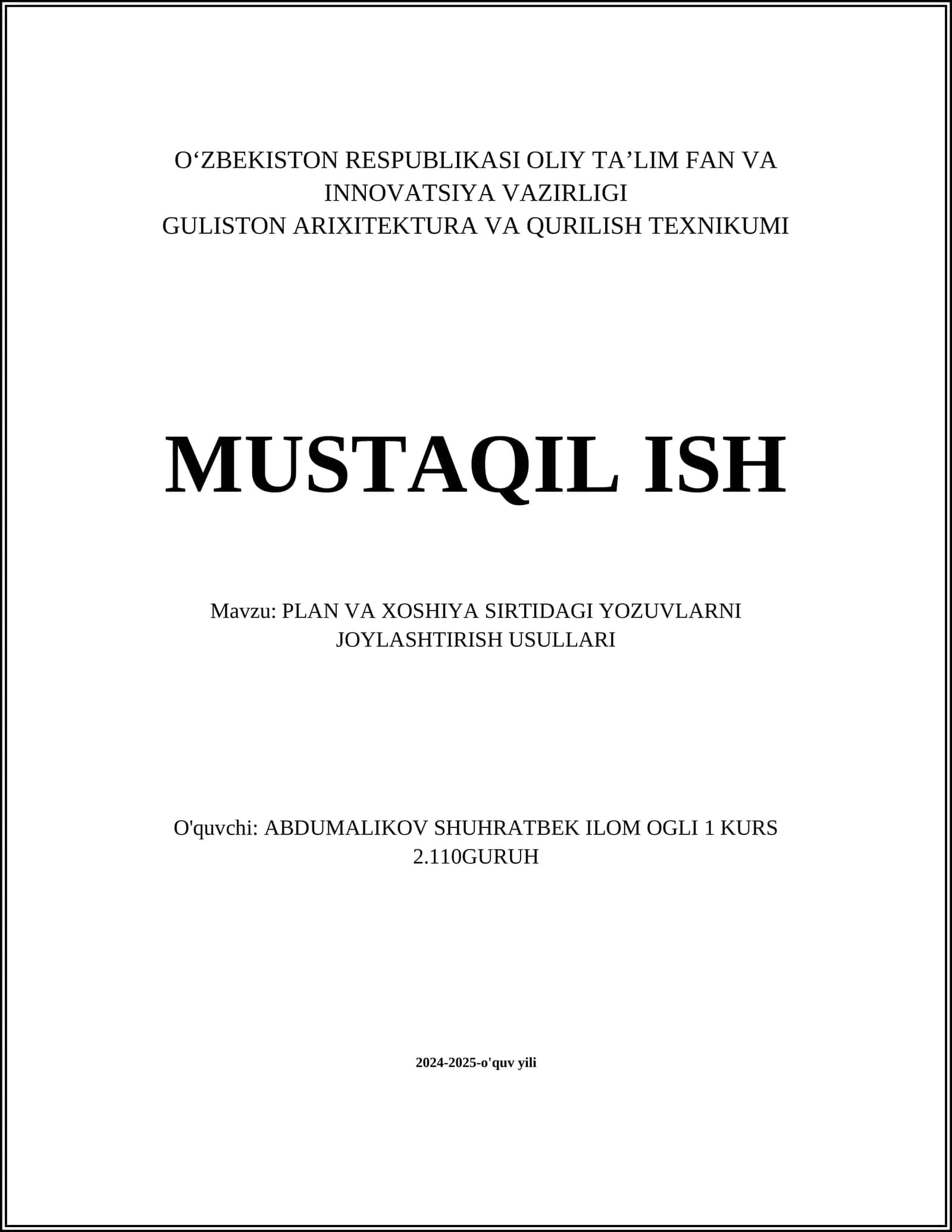 PLAN VA XOSHIYA SIRTIDAGI YOZUVLARNI JOYLASHTIRISH USULLARI 1
