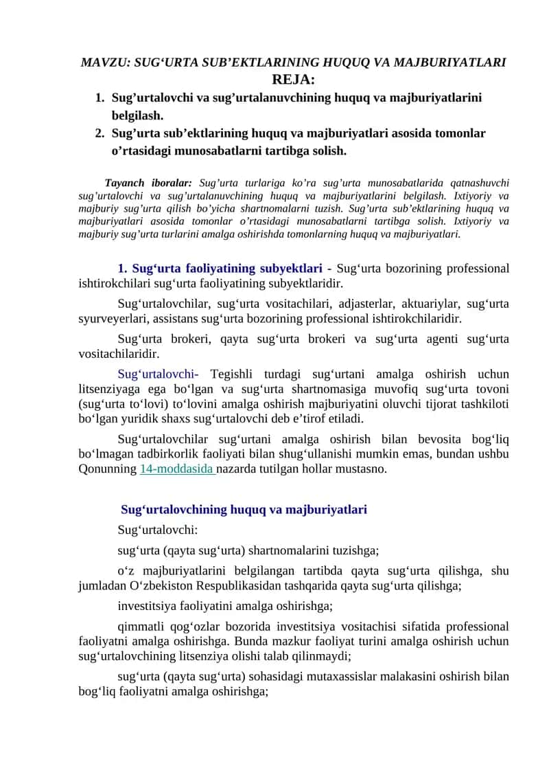 Sug‘urta Subʼektlarining Huquq va Majburiyatları 1