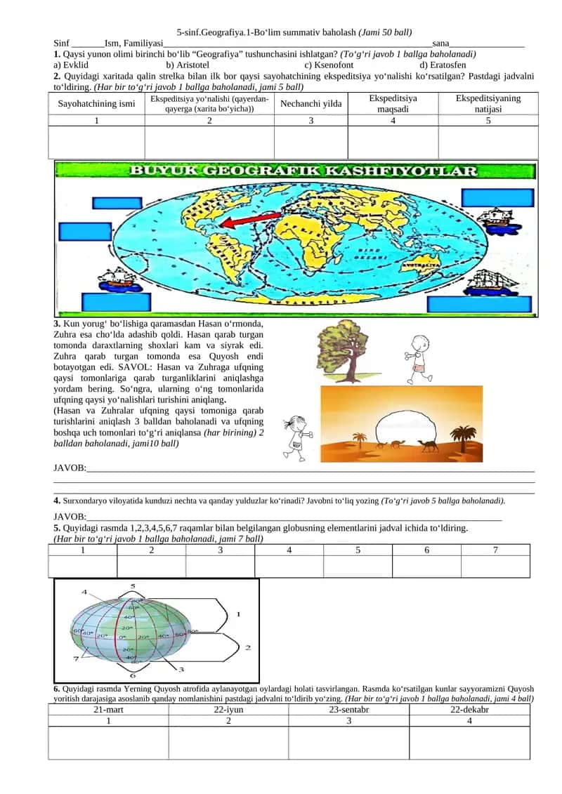 5-sinf.Geografiya.1-Bo‘lim summativ baholash 1