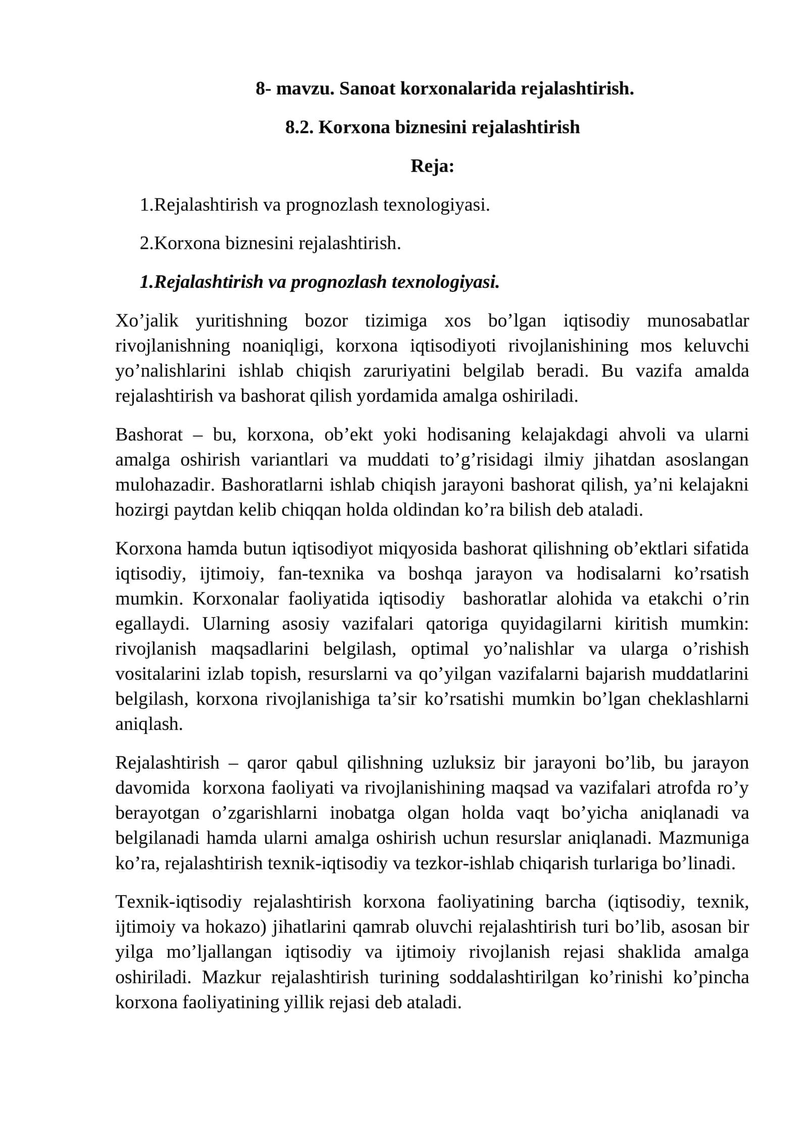 8- mavzu. Sanoat korxonalarida rejalashtirish 1