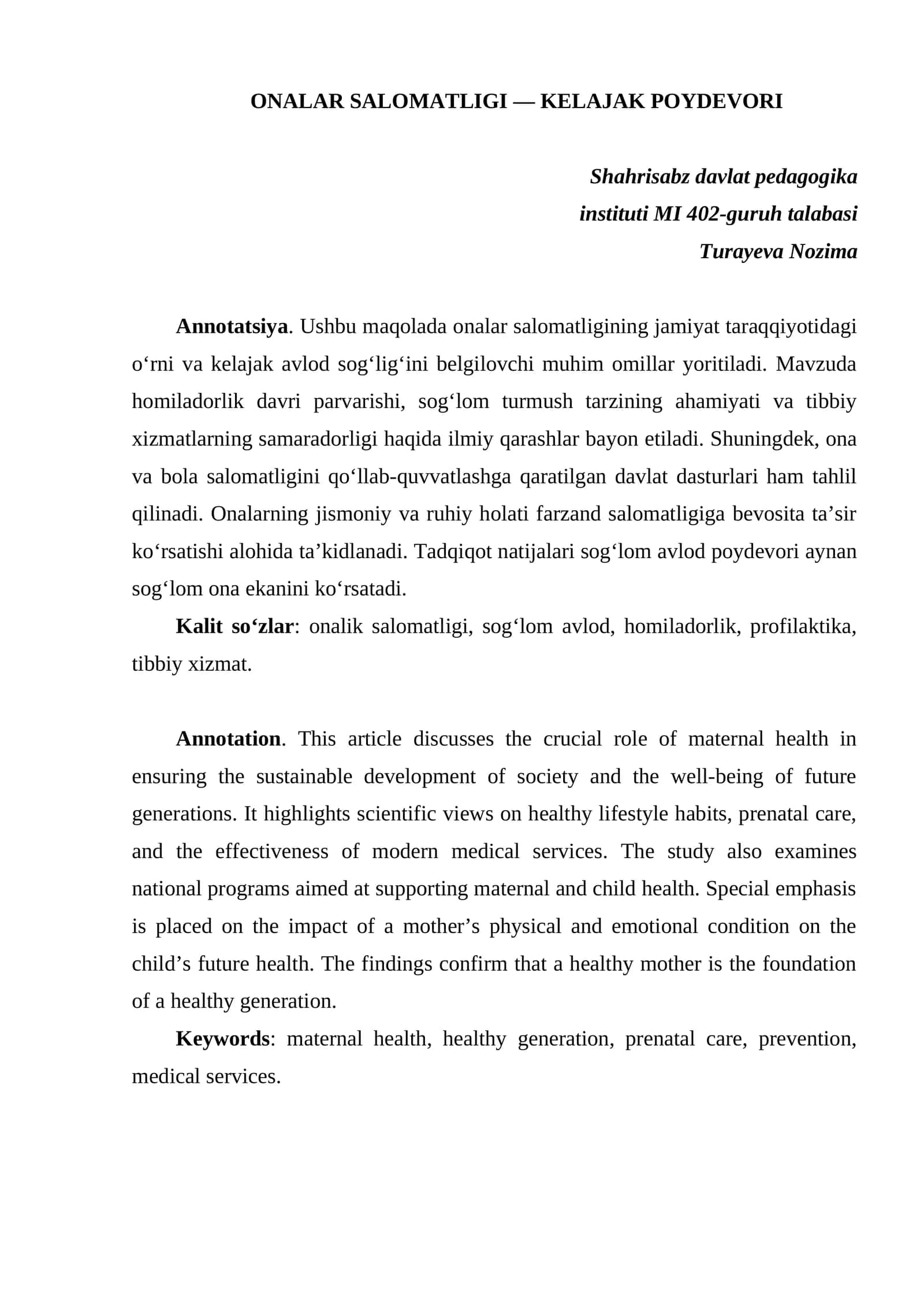 ONALAR SALOMATLIGI — KELAJAK POYDEVORI 1