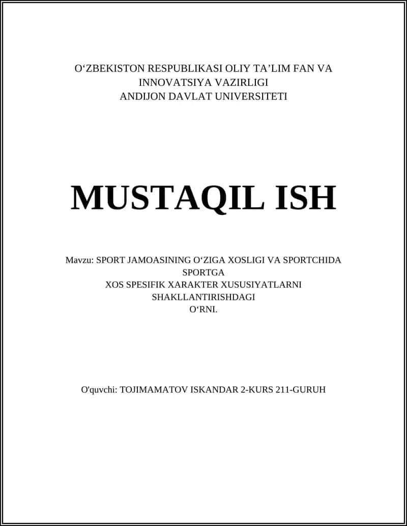Sport Jamoasining O‘ziga Xosligi va Sportchida Sportga Xos Spesifik Xarakter Xususiyatlar 1
