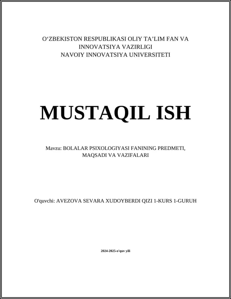BOLALAR PSIXOLOGIYASI FANINING PREDMETI, MAQSADI VA VAZIFALARI 1