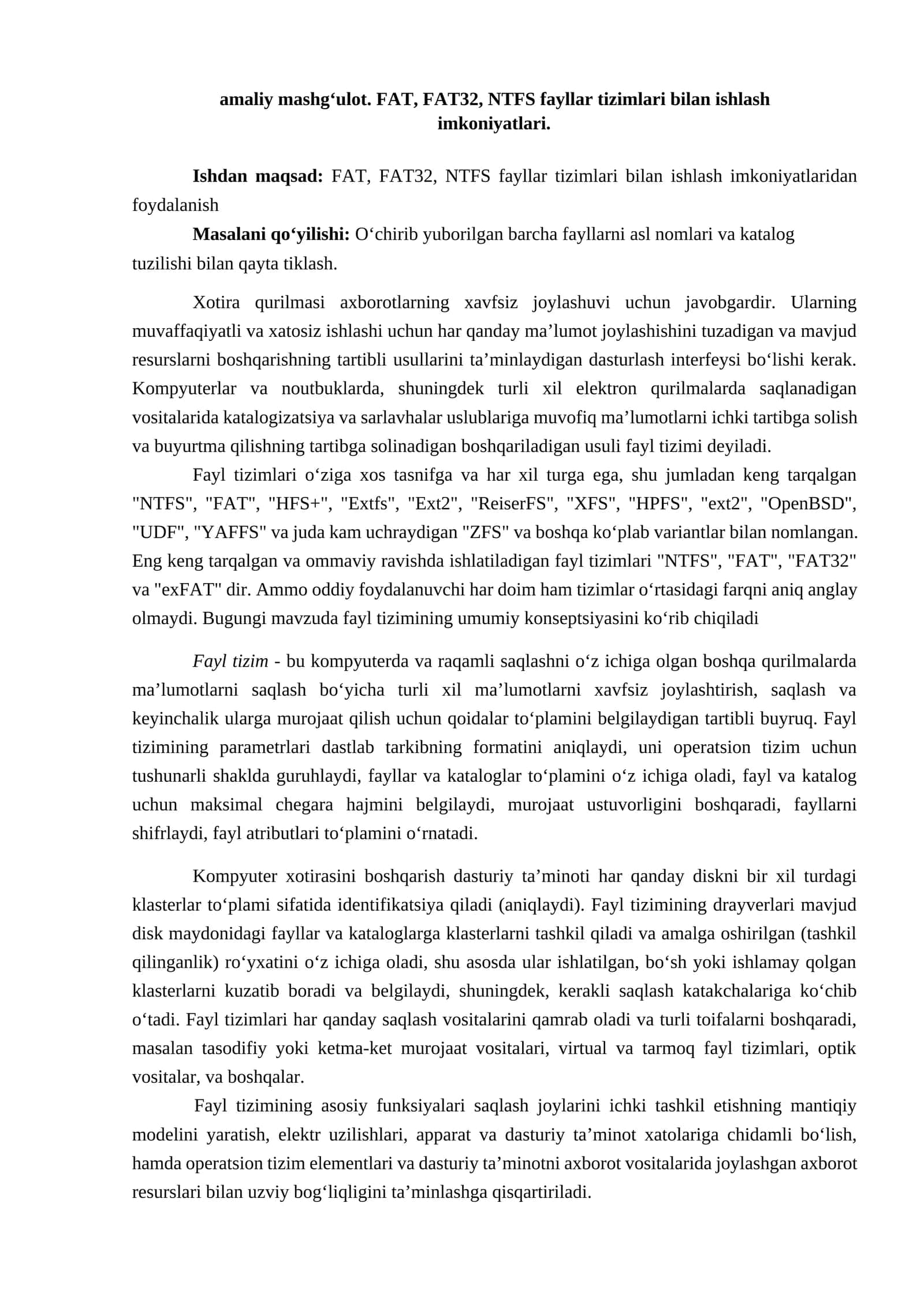 FAT, FAT32, NTFS fayllar tizimlari bilan ishlash imkoniyatlari 1