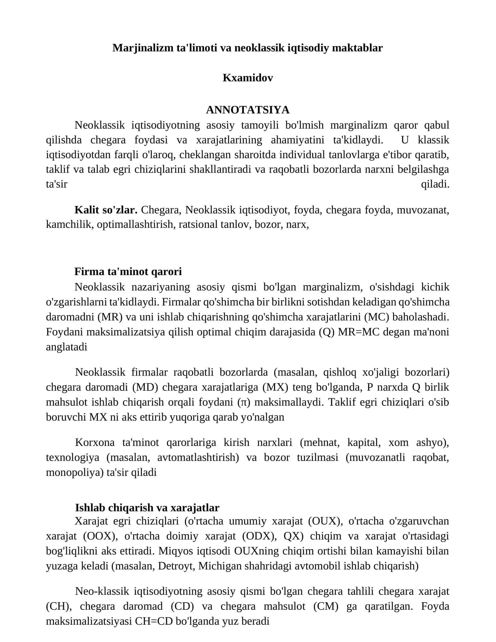 Marjinalizm ta'limoti va neoklassik iqtisodiy maktablar 1