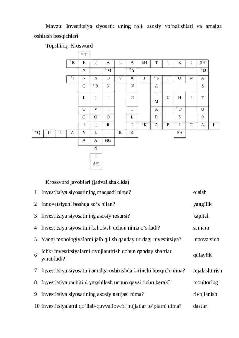 Krossvord javoblari (jadval shaklida)