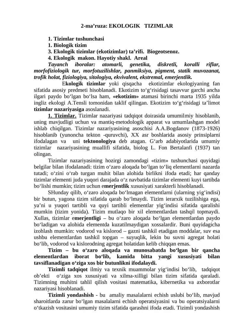 Ekologik Tizimlar 1
