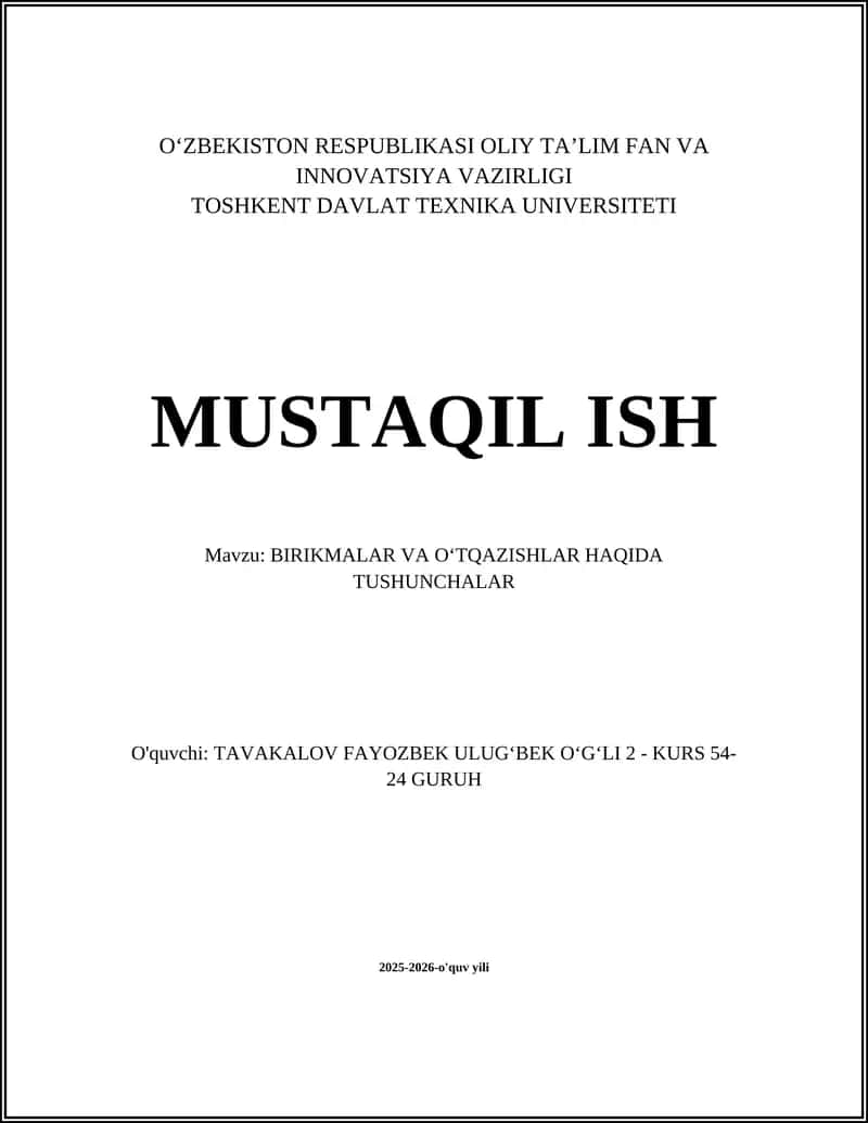 BIRIKMALAR VA OʻTQAZISHLAR HAQIDA TUSHUNCHALAR 1