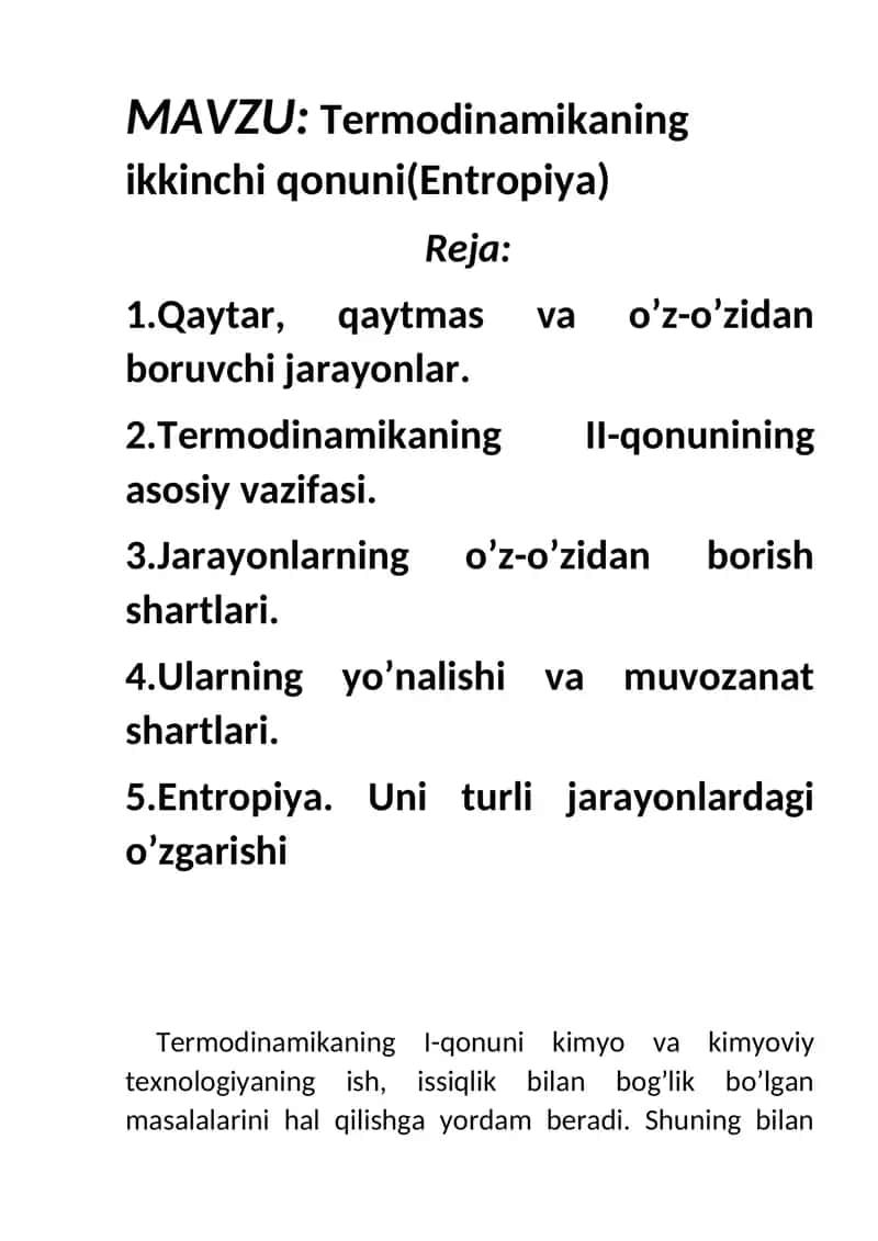 Termodinamikaning ikkinchi qonuni(Entropiya) 1