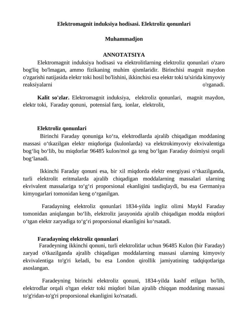 Elektromagnit induksiya hodisasi. Elektroliz qonunlari 1