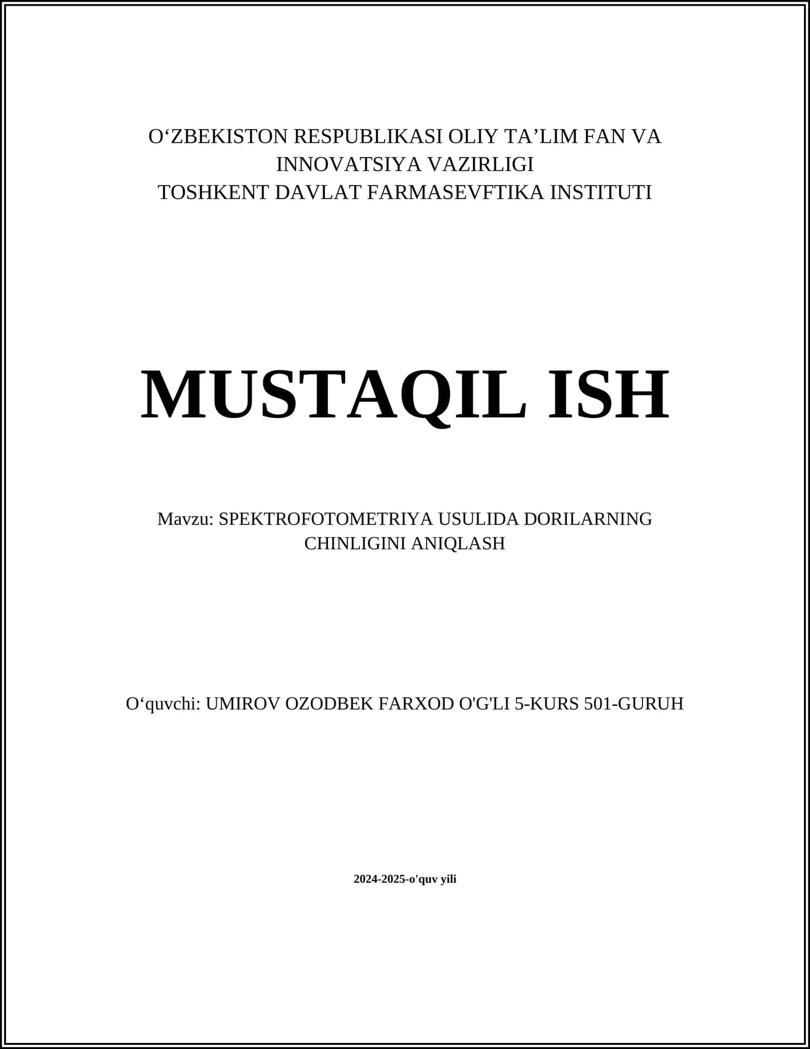 SPEKTROFOTOMETRIYA USULIDA DORILARNING CHINLIGINI ANIQLASH 1