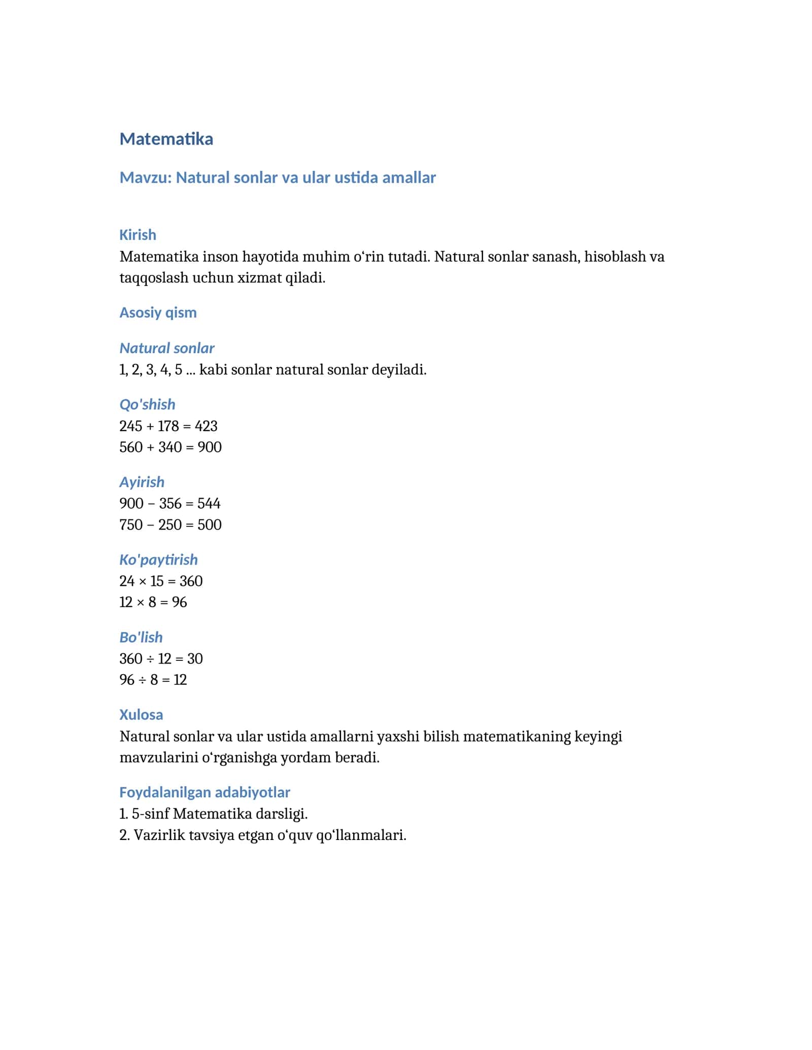 5-sinf matematika referati – Natural sonlar va ular ustida amallar 1