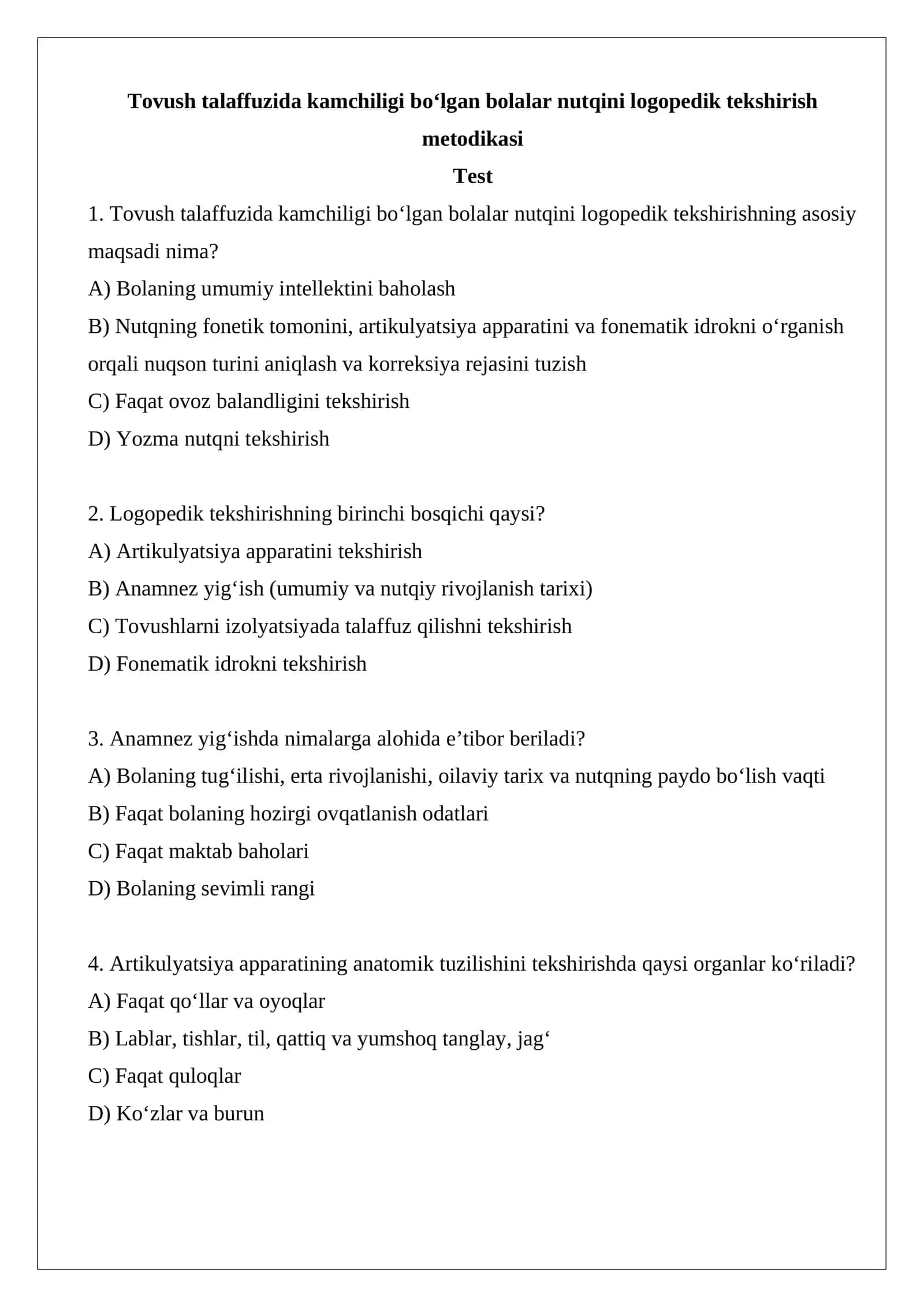 Tovush talaffuzida kamchiligi bo‘lgan bolalar nutqini logopedik tekshirish metodikasi 1