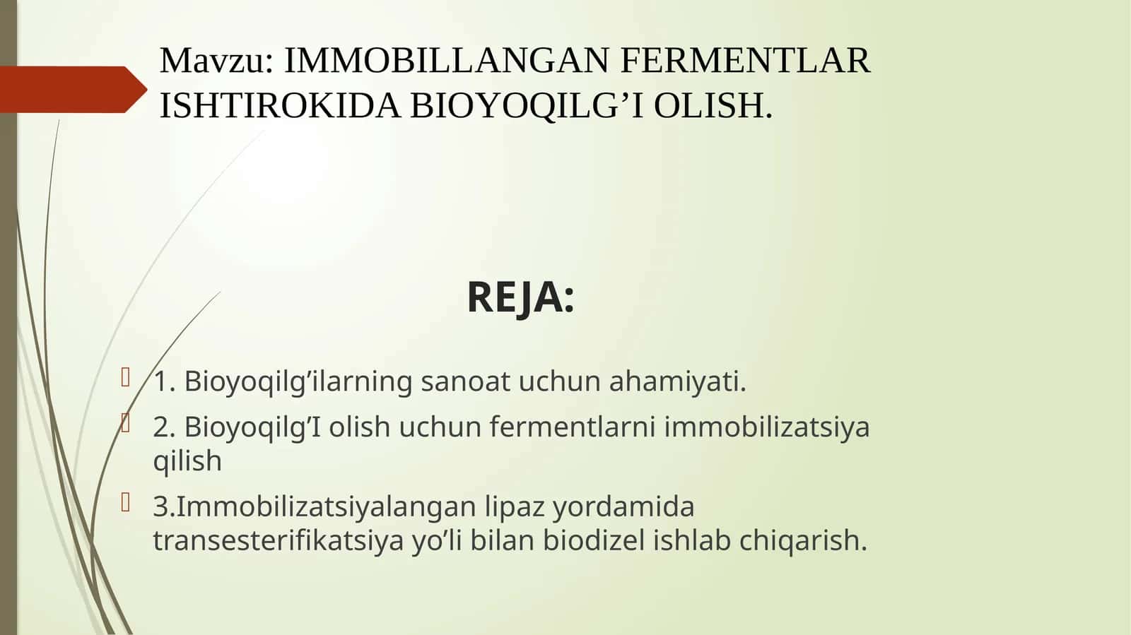 IMMOBILLANGAN FERMENTLAR ISHTIROKIDA BIOYOQILG’I OLISH. 1