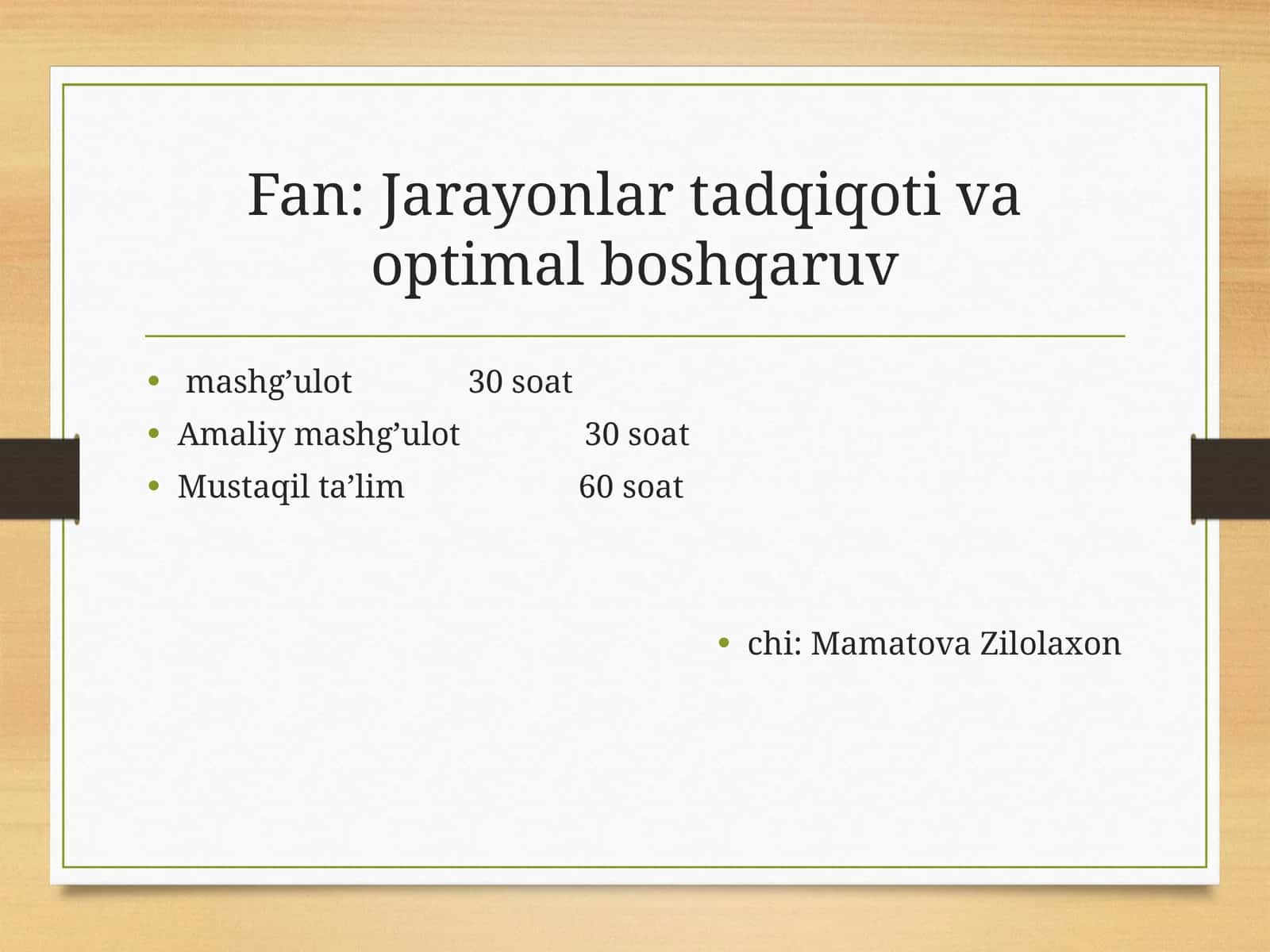 Fan: Jarayonlar tadqiqoti va optimal boshqaruv 1