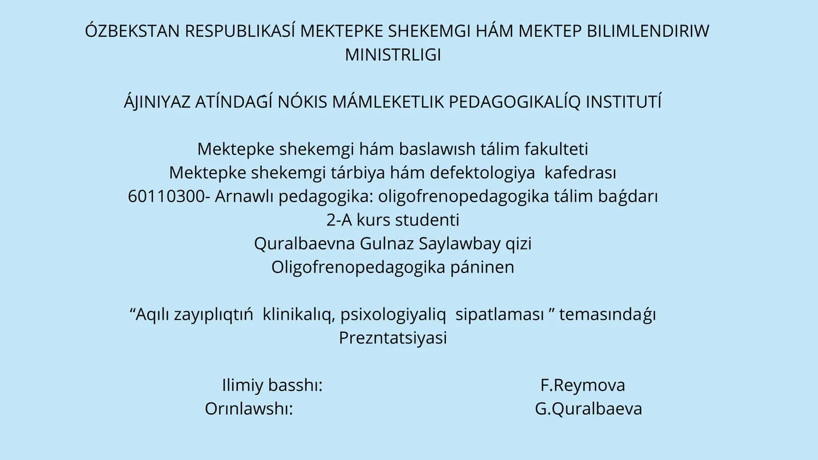 Arnawlı pedagogika: oligofrenopedagogika tálim baǵdarı 1