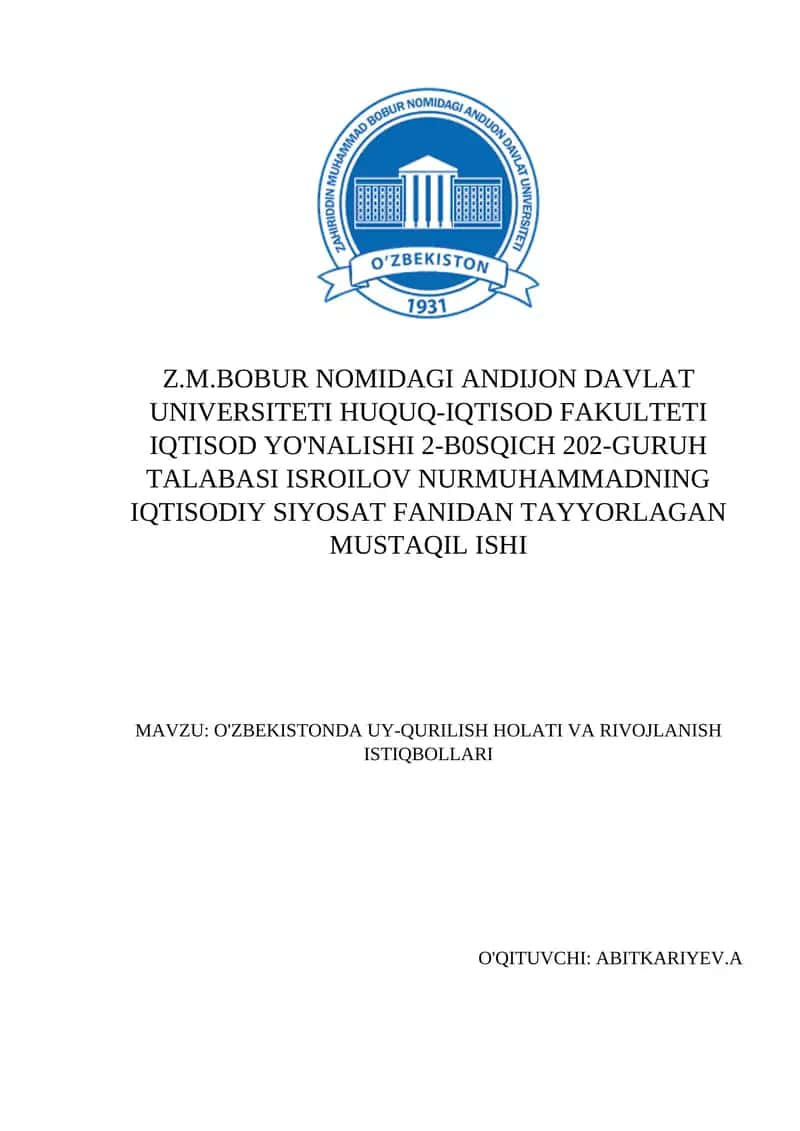 O'ZBEKISTONDA UY-QURILISH HOLATI VA RIVOJLANISH ISTIQBOLLARI 1