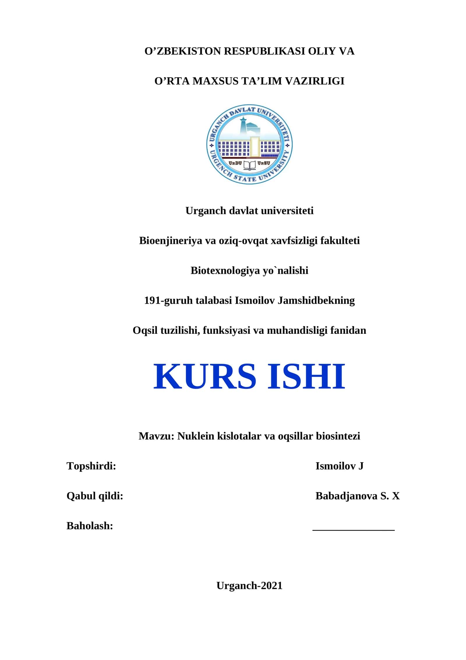 Nuklein kislotalar va oqsillar biosintezi KURS ISHI 1