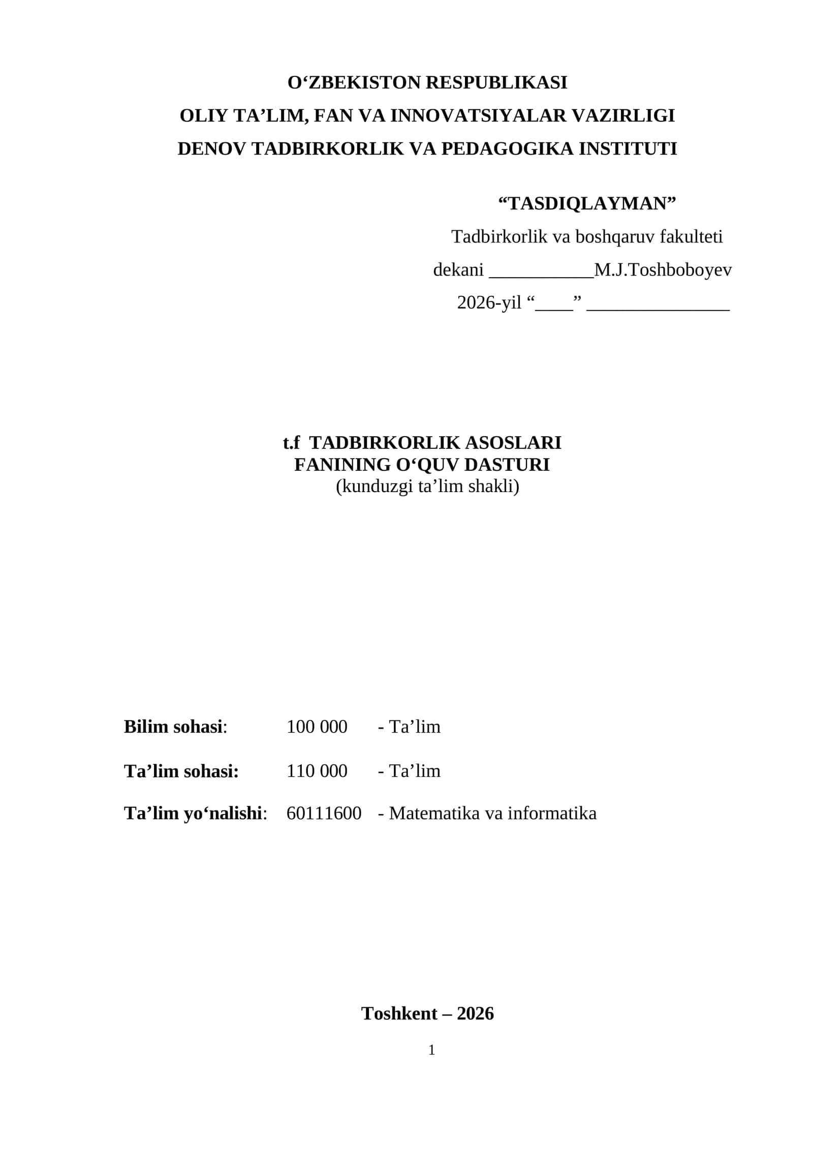 Tadbirkorlik asoslari fanining o'quv dasturi 1