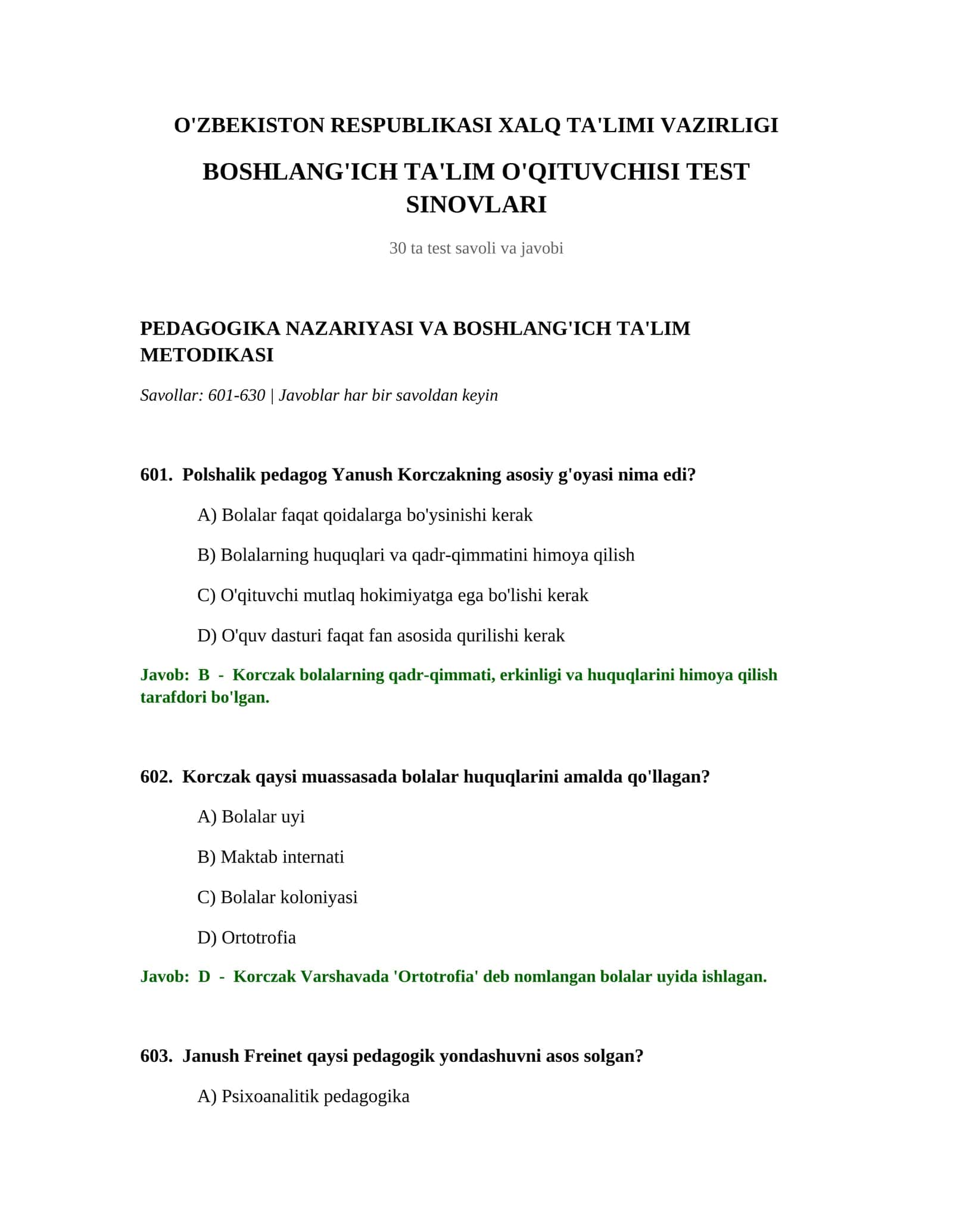 BOSHLANG'ICH TA'LIM O'QITUVCHISI TEST SINOVLARI 1