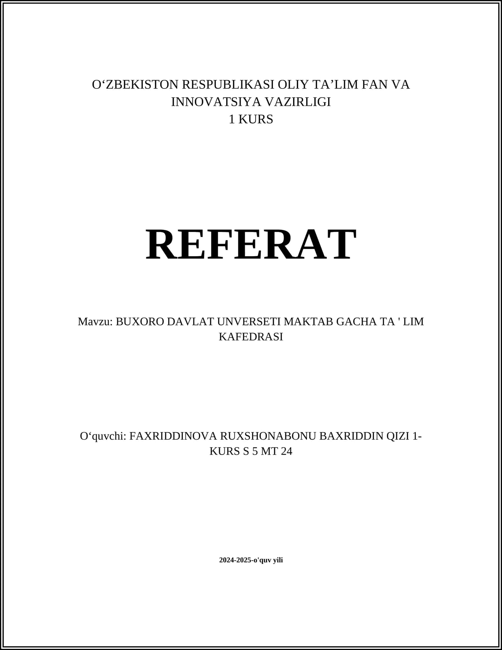BUXORO DAVLAT UNVERSETI MAKTAB GACHA TA ' LIM KAFEDRASI 1