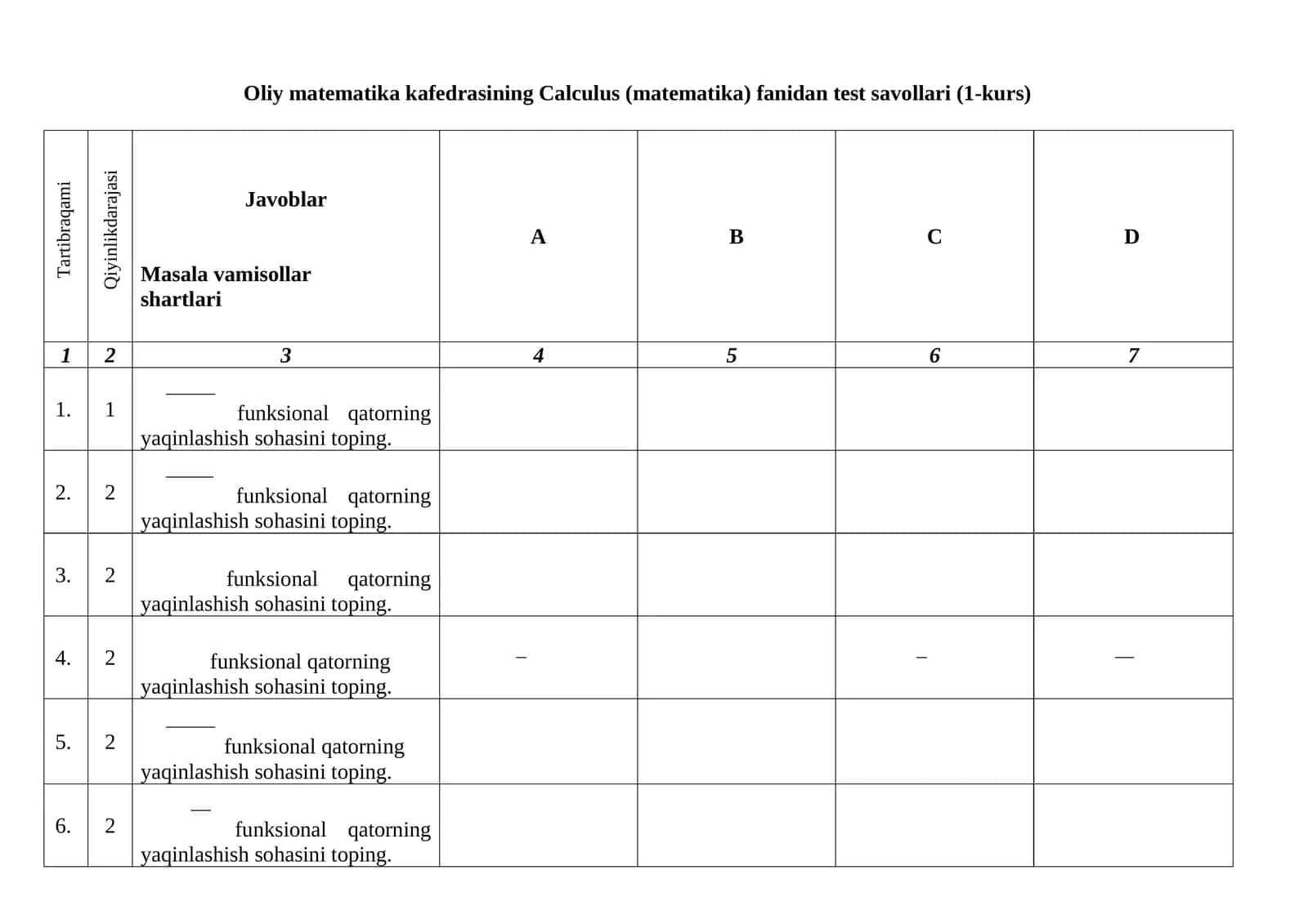 Oliy matematika kafedrasining Calсulus (matematika) fanidan test savollari (1-kurs) 1