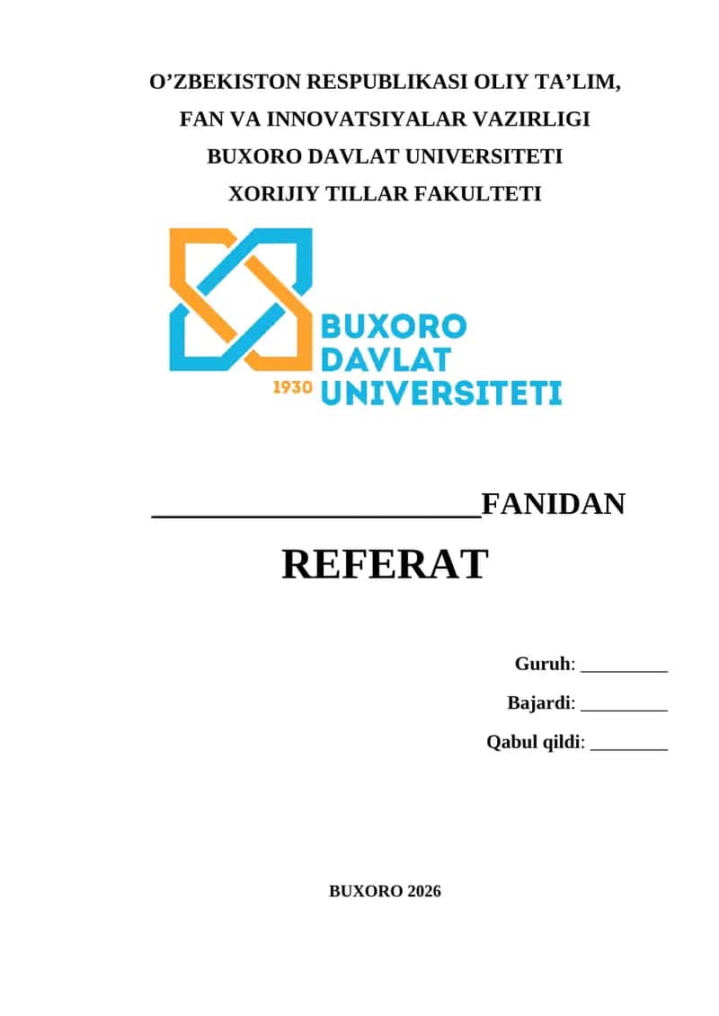 Buxoro davlat universiteti talabalari uchun referat yuzi blanka 1