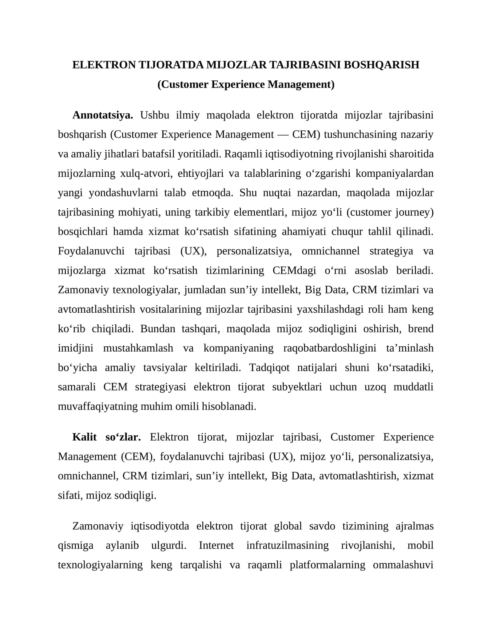 ELEKTRON TIJORATDA MIJOZLAR TAJRIBASINI BOSHQARISH (Customer Experience Management) 1