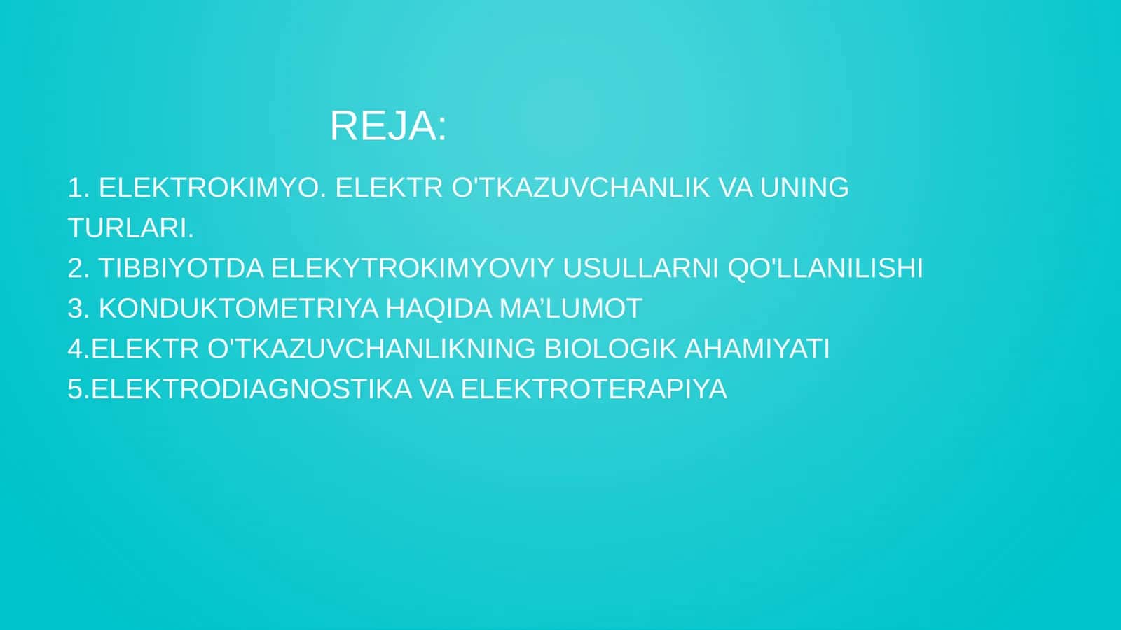 ELEKTROKIMYO. ELEKTR O’TQAZUVCHANLIK VA UNING TURLARI 1