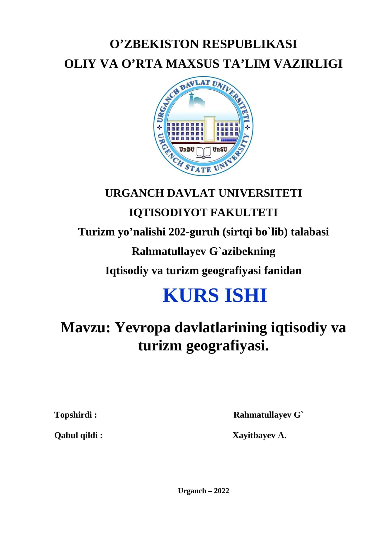 Yevropa davlatlarining iqtisodiy va turizm geografiyasi 1