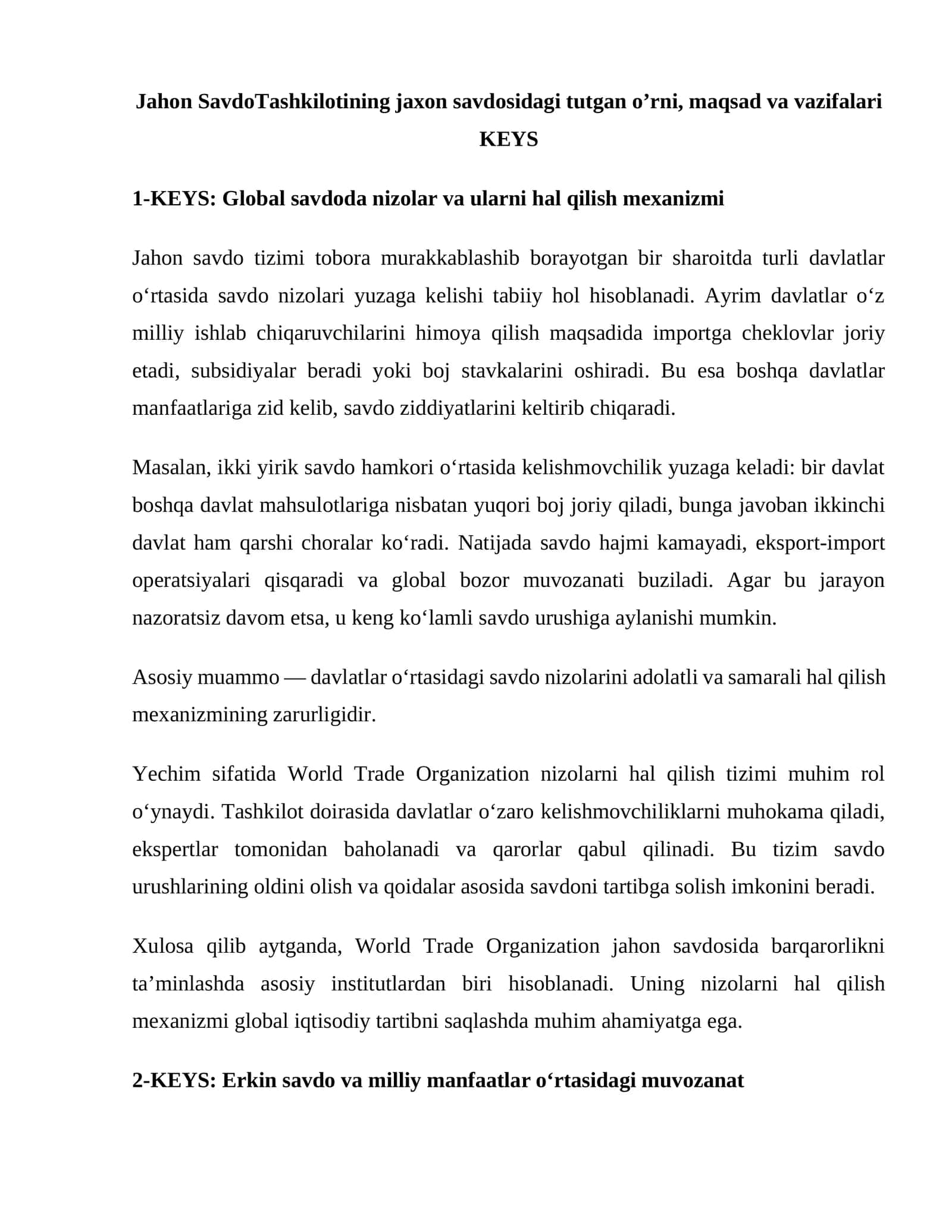 Jahon SavdoTashkilotining jaxon savdosidagi tutgan o’rni, maqsad va vazifalari 1