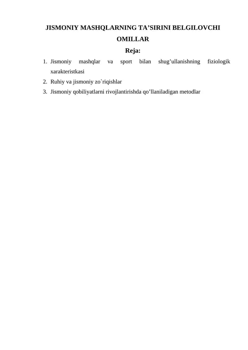 JISMONIY MASHQLARNING TA’SIRINI BELGILOVCHI OMILLAR 1