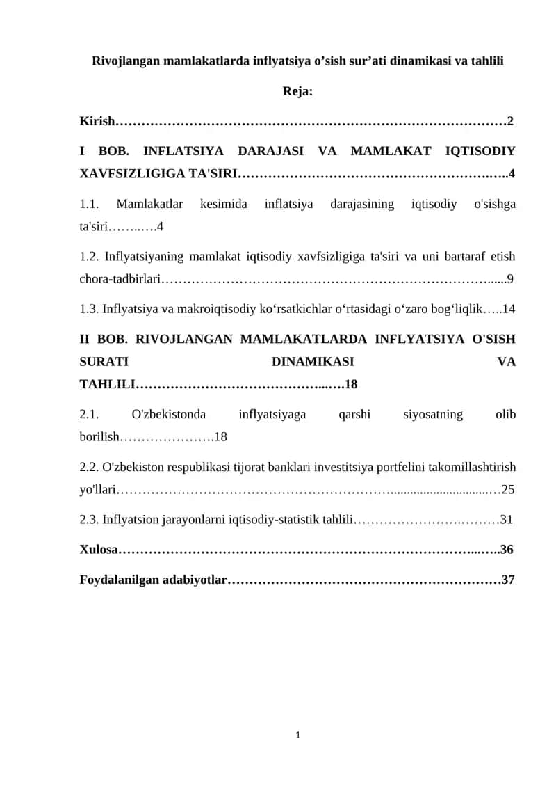 Rivojlangan mamlakatlarda inflyatsiya o’sish sur’ati dinamikasi va tahlili 1